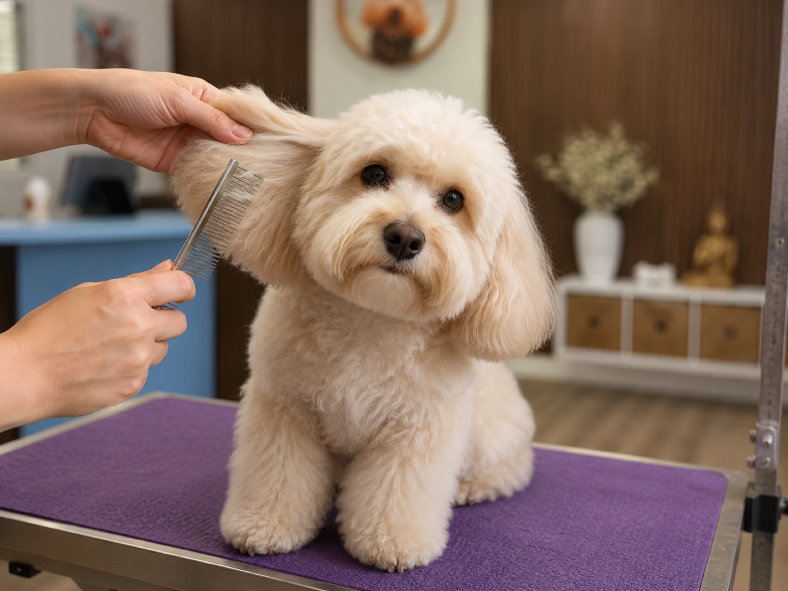 A small dog being gently combed at Paws Grooming & Puppies